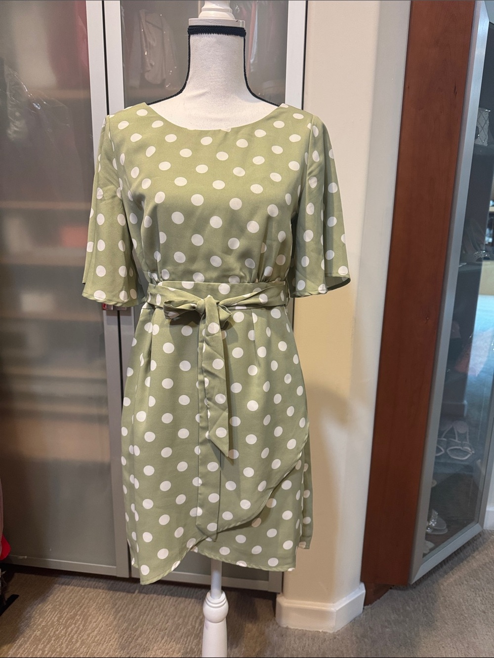 Showpo Light Green Polka Dot Tie Waist Mini Dress
